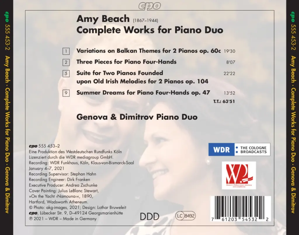 Rückseite des Albums 'Amy Beach - Complete Works for Piano Duo' von Genova & Dimitrov, mit Trackliste, Produktionsdetails und WDR-Logo.